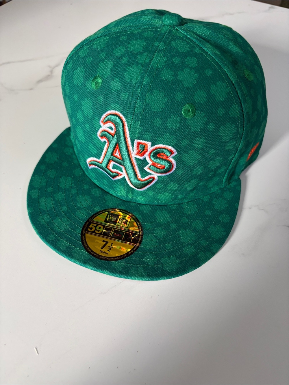 New Era Green Oakland A's Patterned Fitted Cap with Orange-Trim Logo Size 7 1/2
